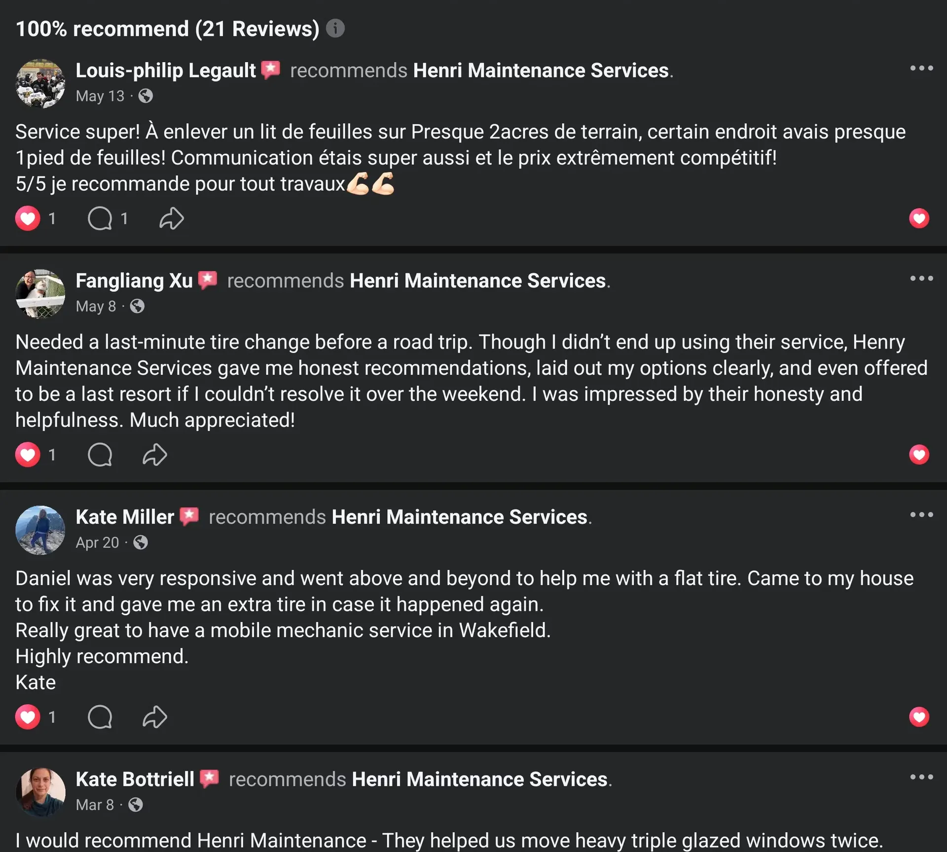 Facebook customer review screenshot showing Louis-philip Legault, Fangliang Xu, Kate Miller, and Kate Bottriell recommending Henri Maintenance Services.
