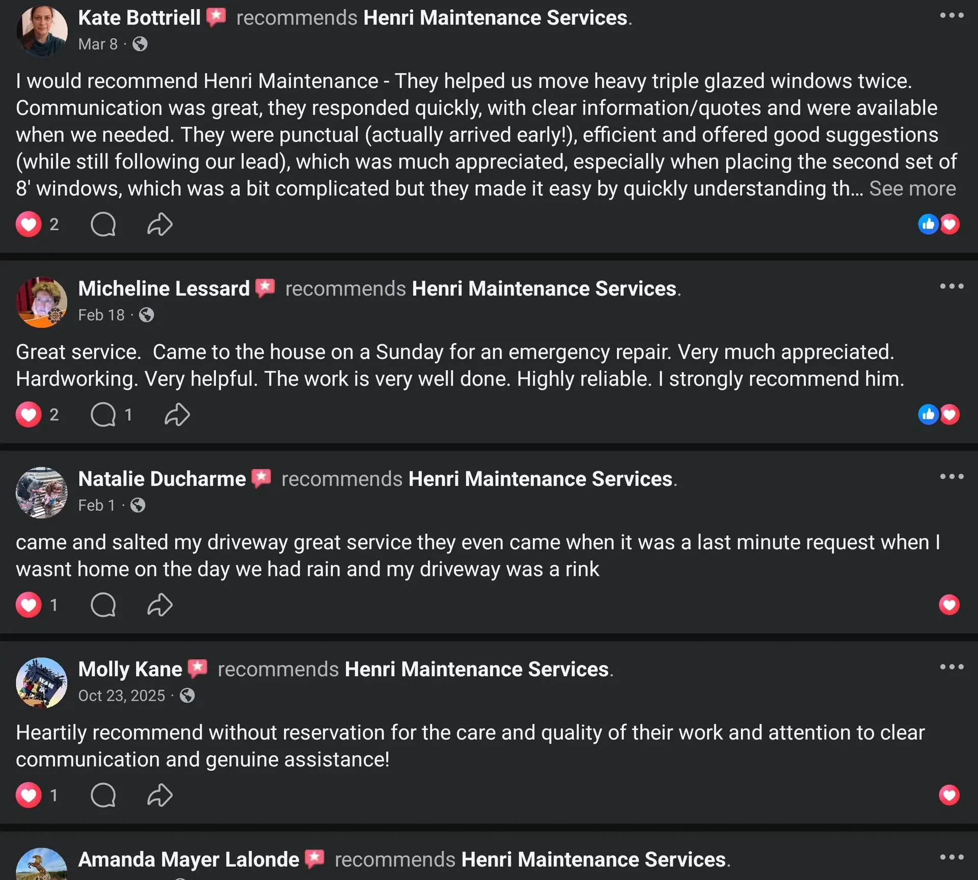 Facebook customer review screenshot showing Kate Bottriell, Micheline Lessard, Natalie Ducharme, and Molly Kane recommending Henri Maintenance Services.