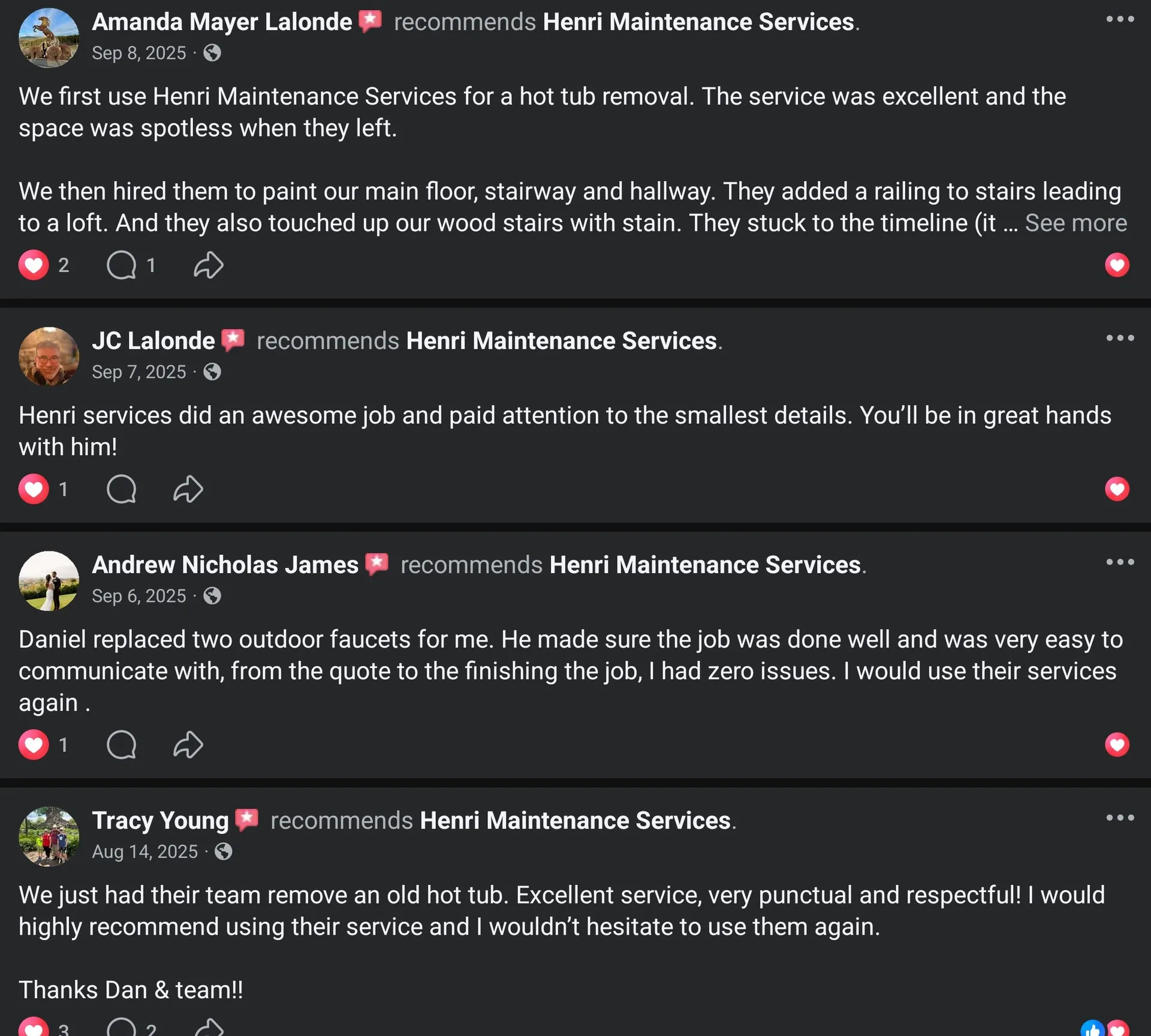 Facebook customer review screenshot showing Amanda Mayer Lalonde, JC Lalonde, Andrew Nicholas James, and Tracy Young recommending Henri Maintenance Services.