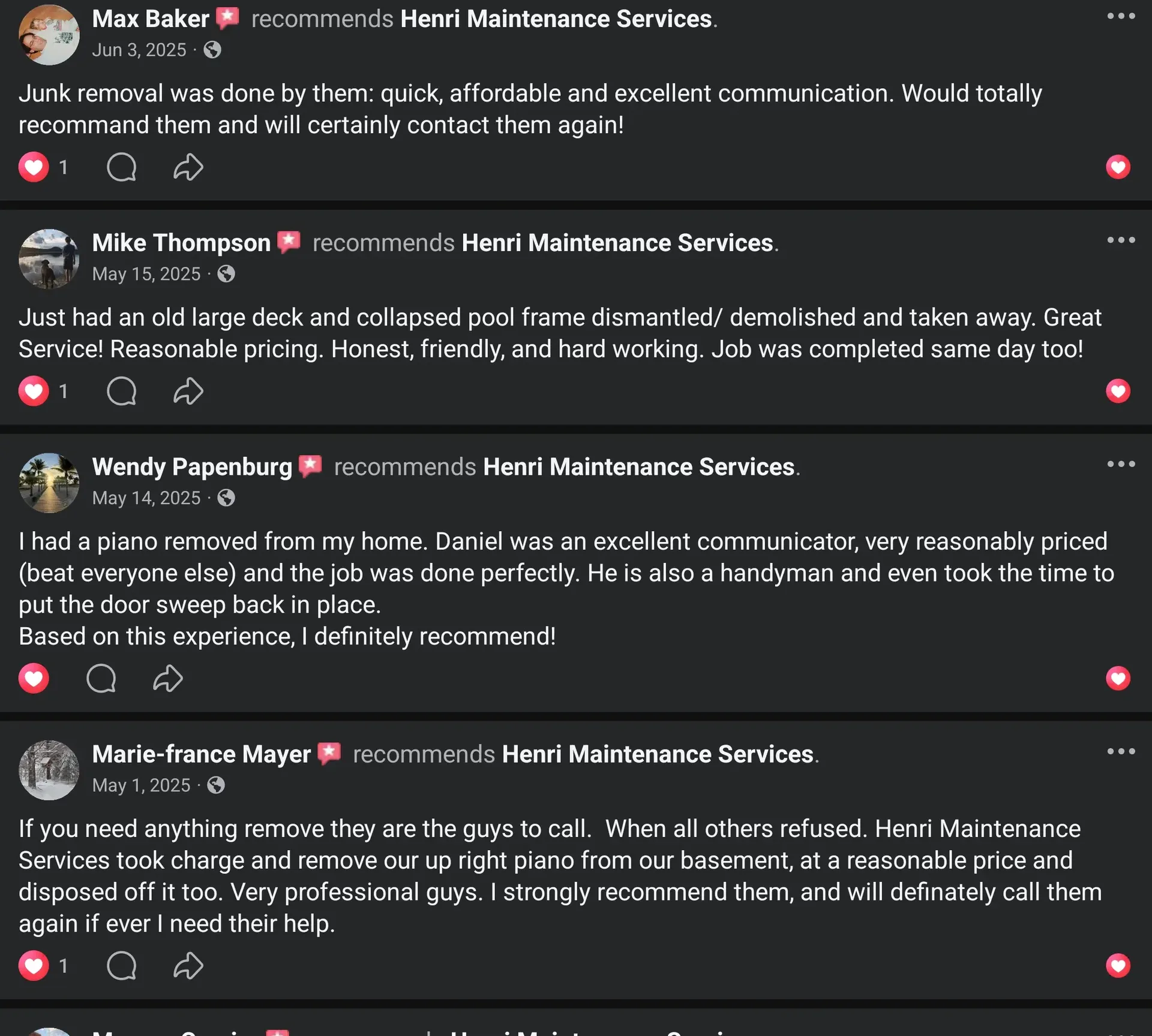 Facebook customer review screenshot showing Max Baker, Mike Thompson, Wendy Papenburg, and Marie-france Mayer recommending Henri Maintenance Services.